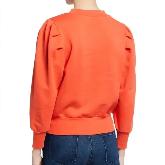 Frame Denim Shirred Sweatshirt Size XS Sunkist Orange Puff-Sleeve Chic Casual - Picture 3 of 8